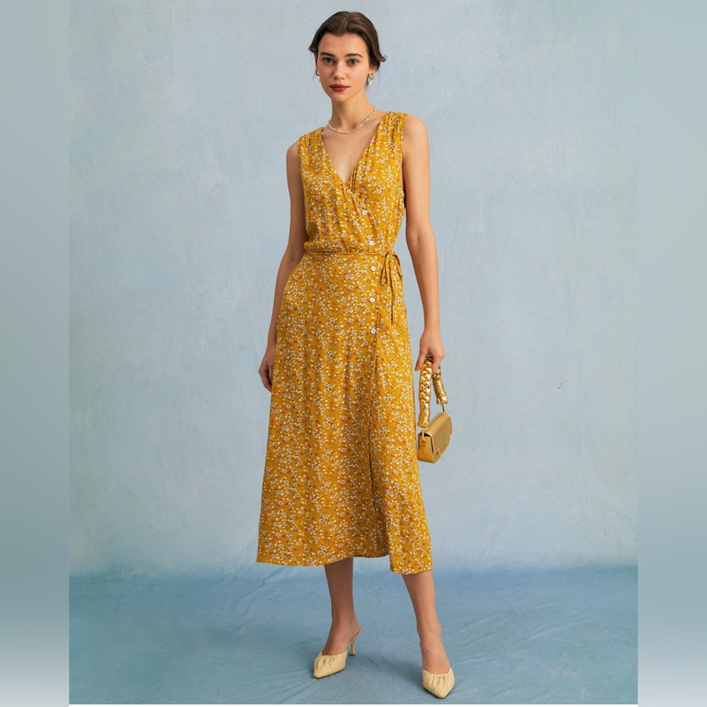NWT RIHOAS V Neck Floral Tie Wrap Midi Dress Sz S